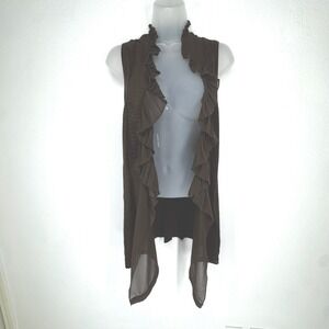 Cache Brown Ruffle Open Front Vest Pleated Chiffon Sleeveless Cardigan Small